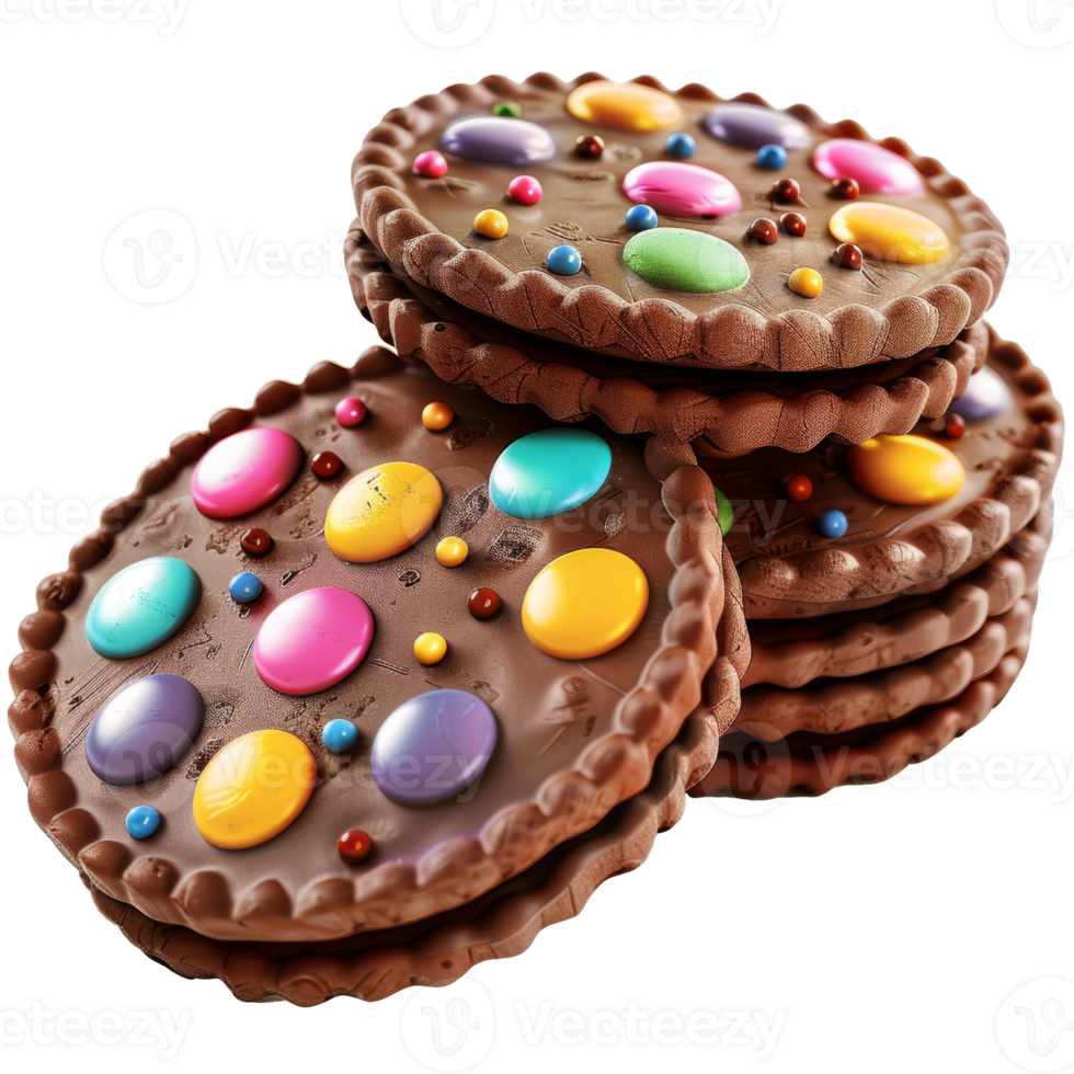 Chocolate Cookies with bright colored toppings, on a transparent background png