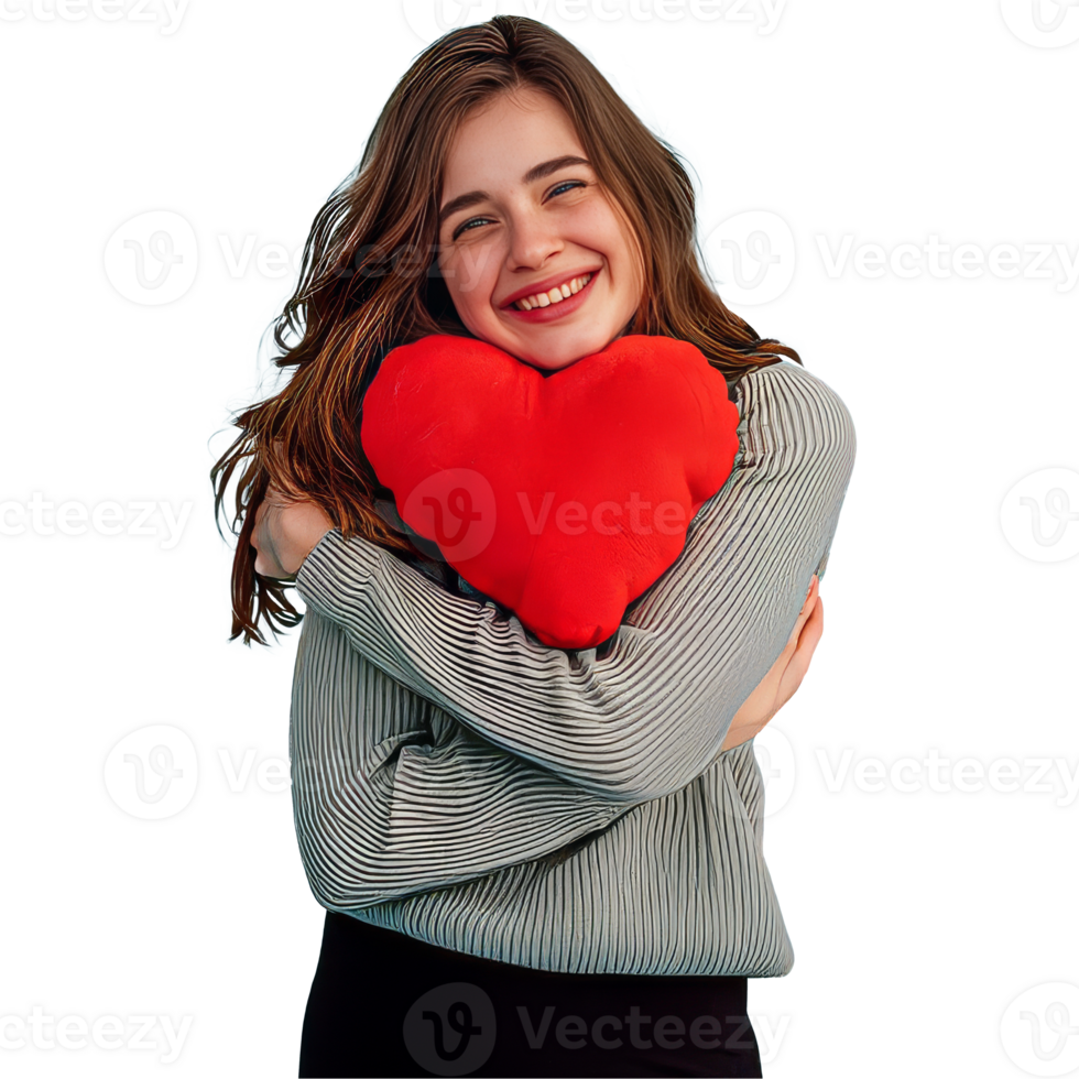 Woman hugging red heart pillow, transparent background png