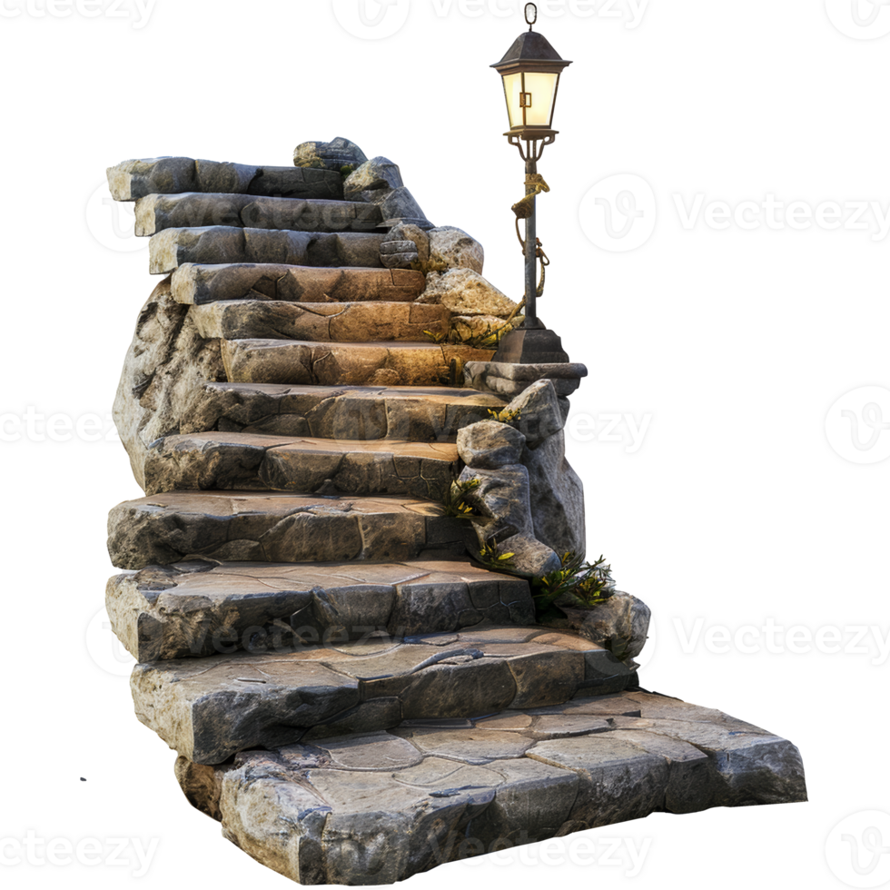 Medieval stone stairs with ornate lights, 3d elements, transparent background png