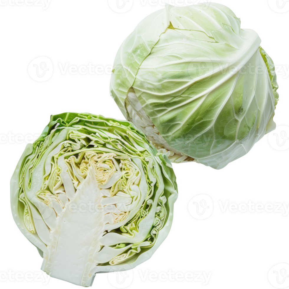 Realistic raw and cut cabbage vegetables, transparent background png