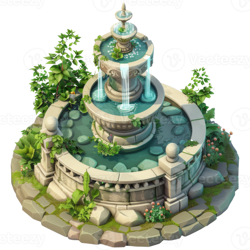 Isometric fantasy medieval garden fountain, 3d cartoon, transparent background png