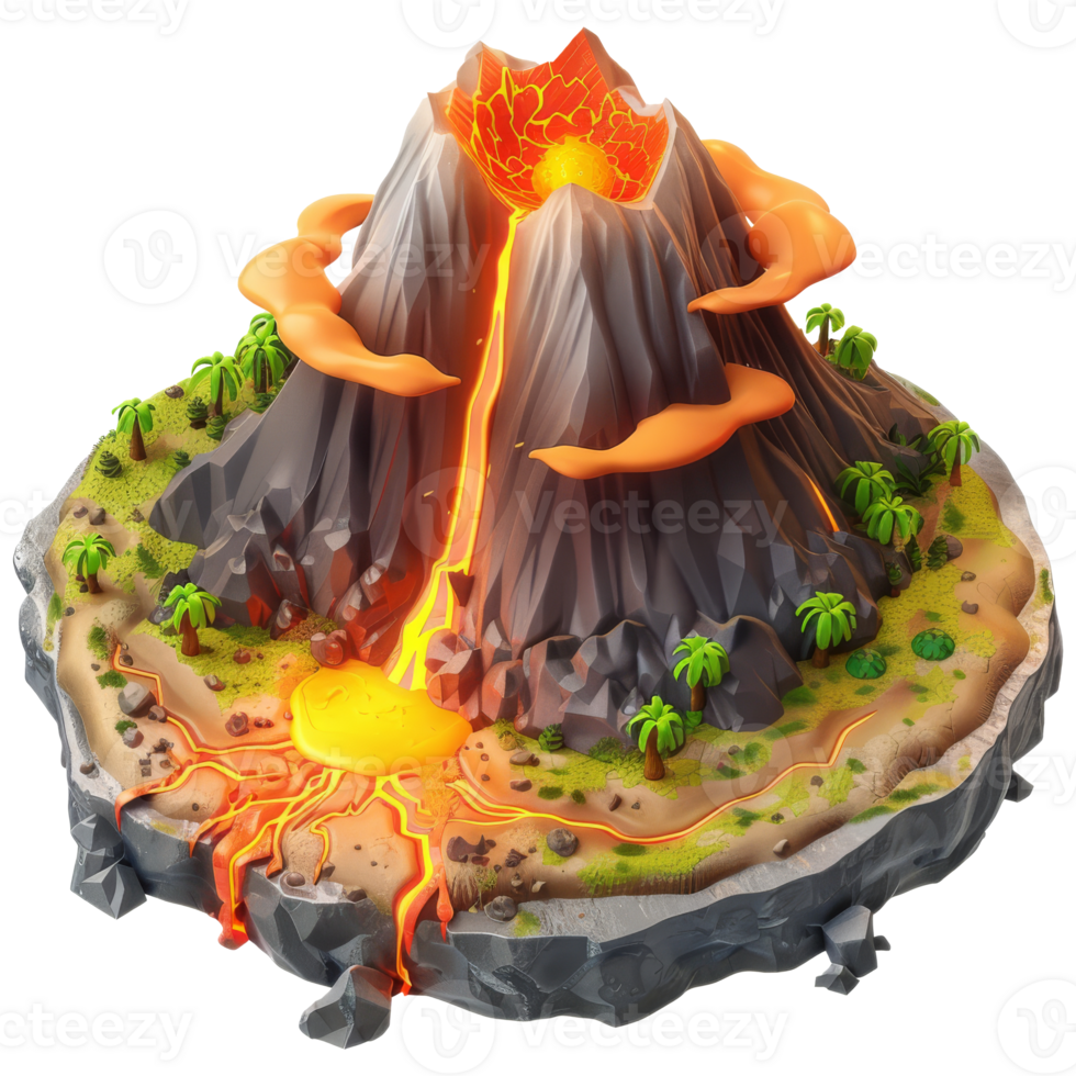 Island with flowing hot lava mountain, 3d cartoon isometric, transparent background png