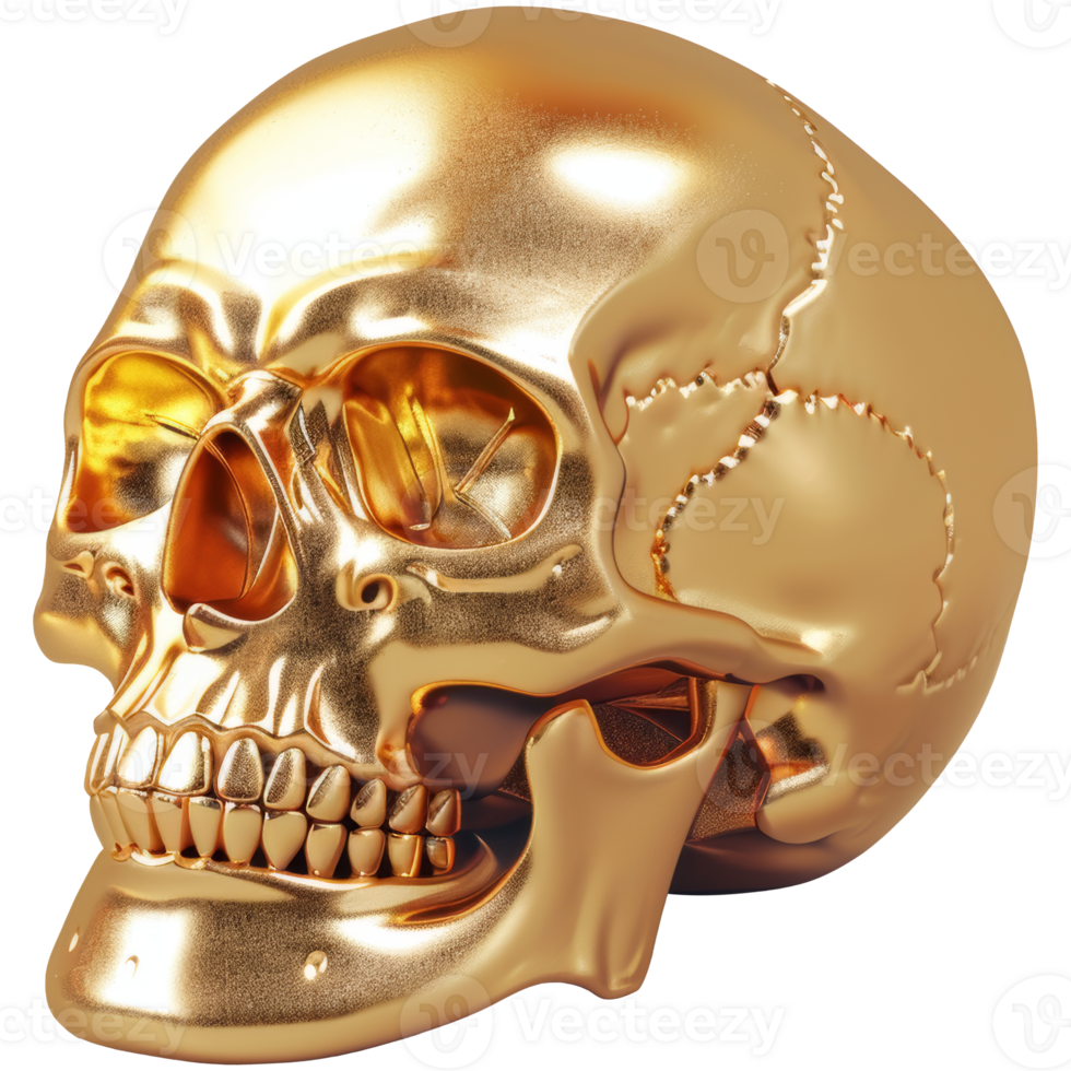 Sparkling gold skull, 3d elements, transparent background png