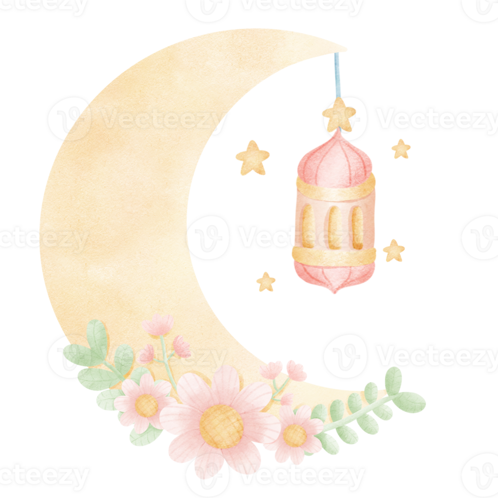 watercolor moon with flowers and lantern on transparent background png