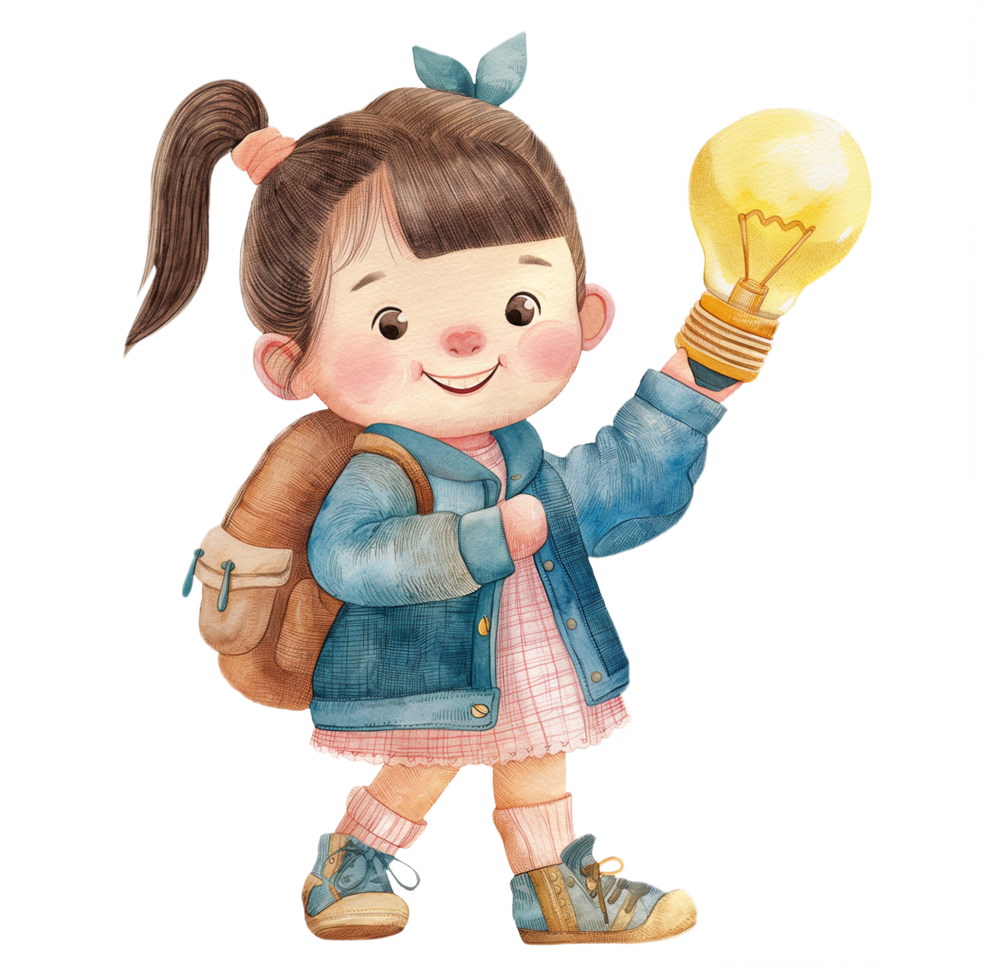 girl is holding a light bulb and smiling png