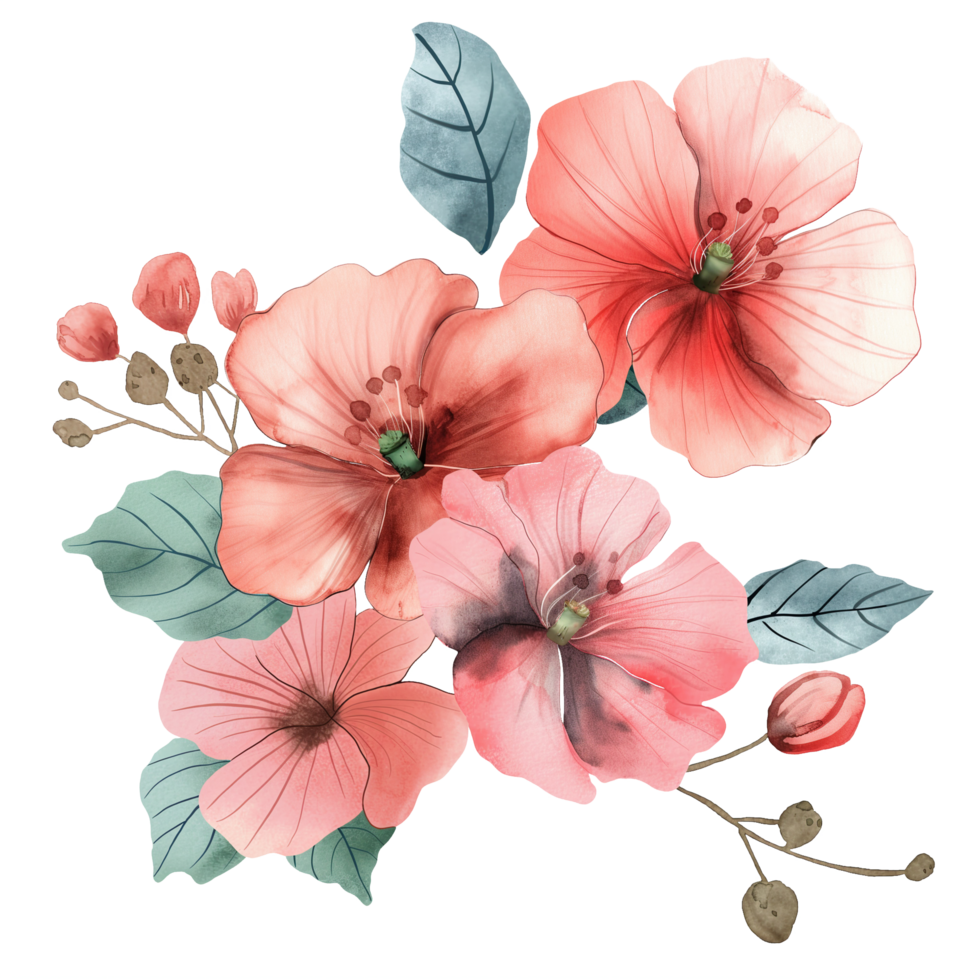 A watercolor painting of a bouquet of pink flowers with green leave AI generateds png