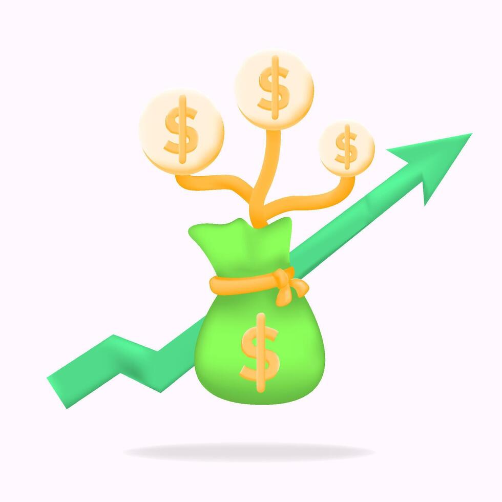 money investment that grows, flowers and rises with a green arrow concept 3d illustration vector