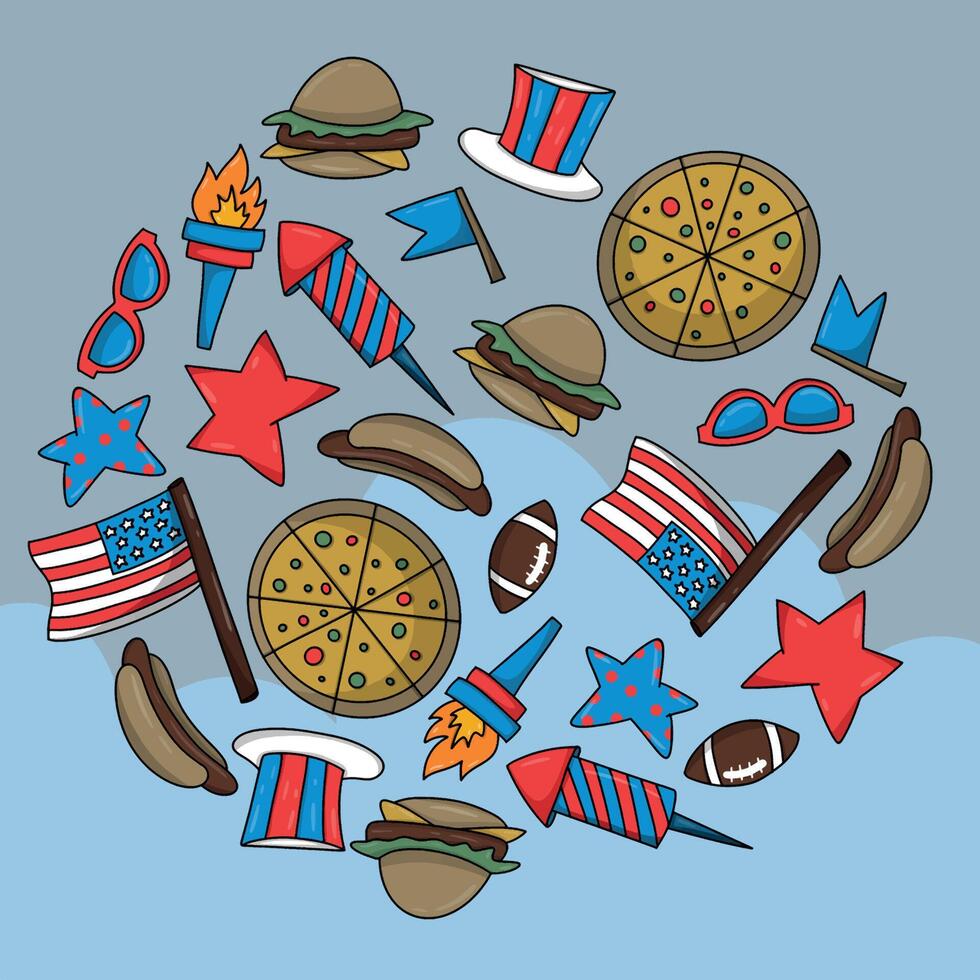 Patriotic USA items. banner design for 4th of july. hotdog, burger, pizza, firworks, american flag, sunglasses vector