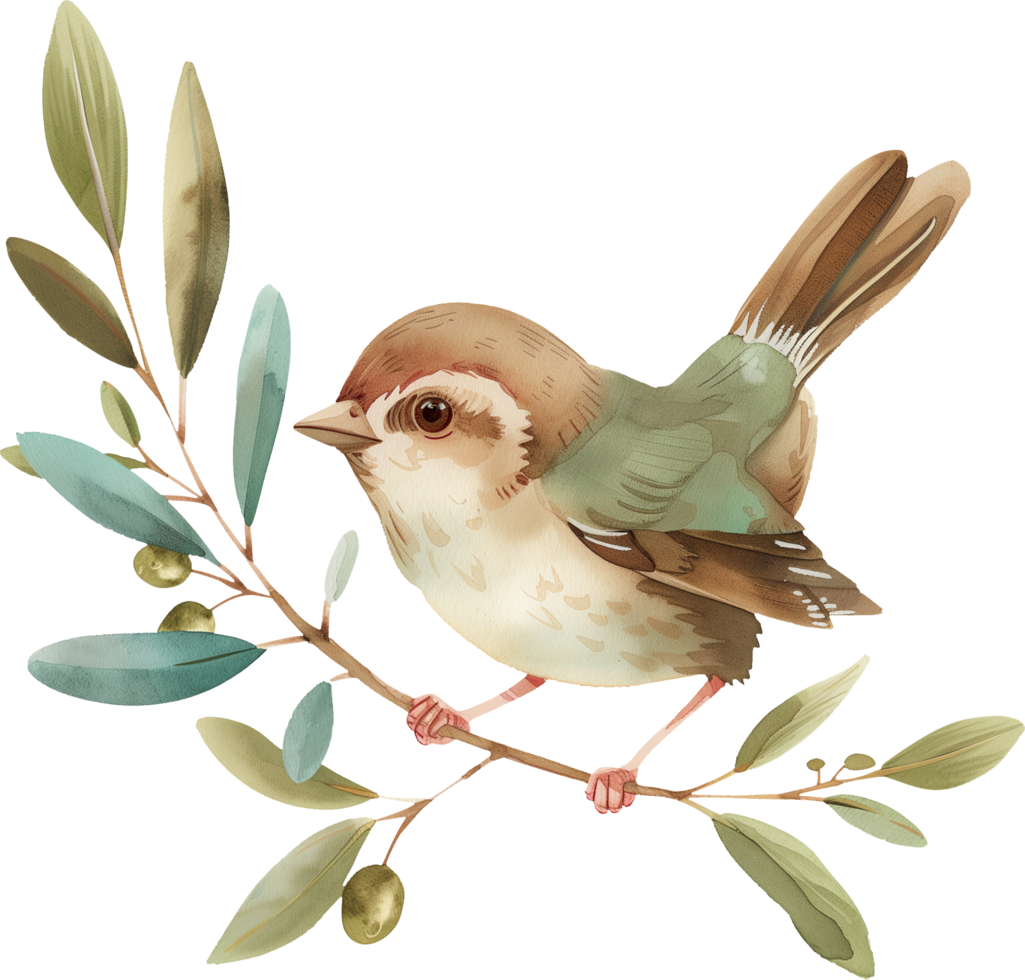 Cute Sparrow Carrying Olive Branch watercolor png