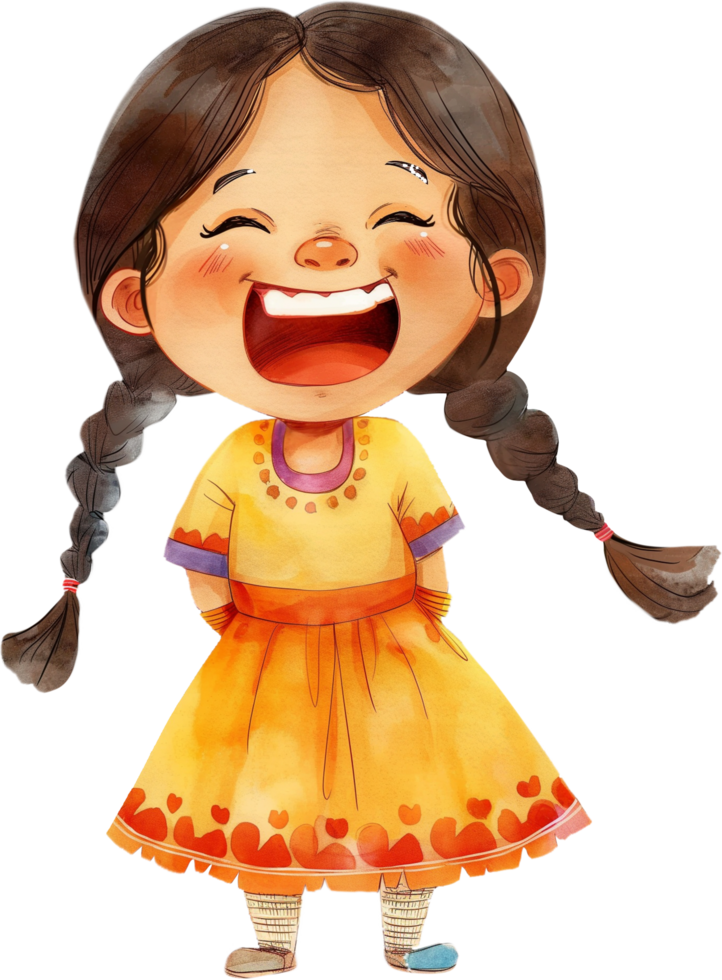 A girl with long hair and a yellow dress is smiling and laughing png