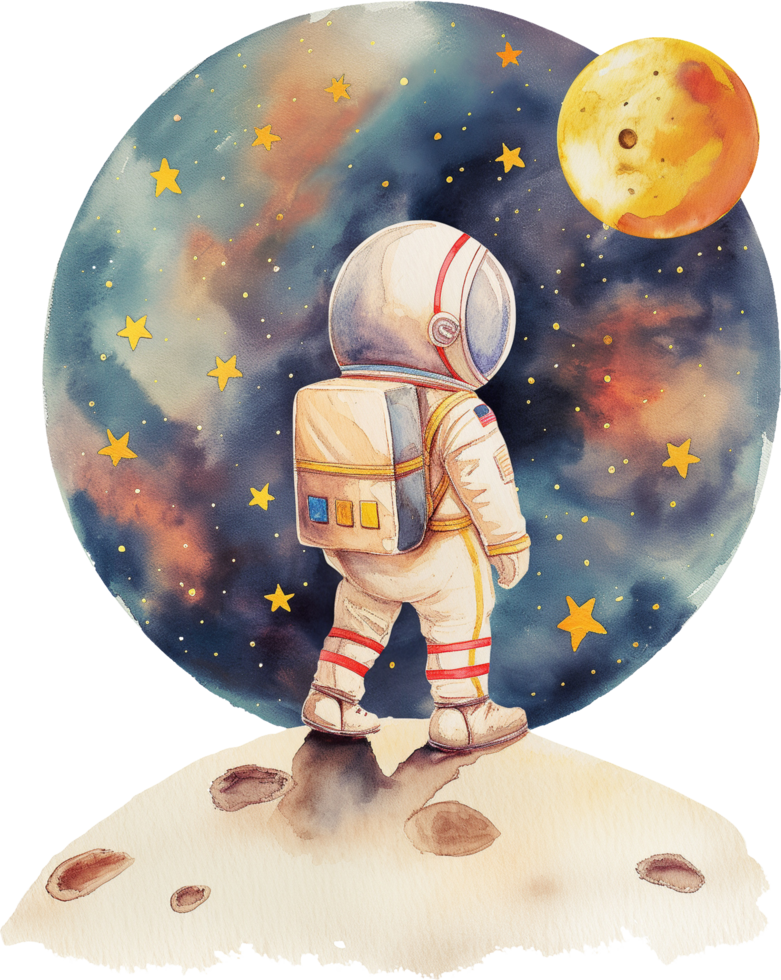 A man in a spacesuit is walking on a rocky surface with a large red png