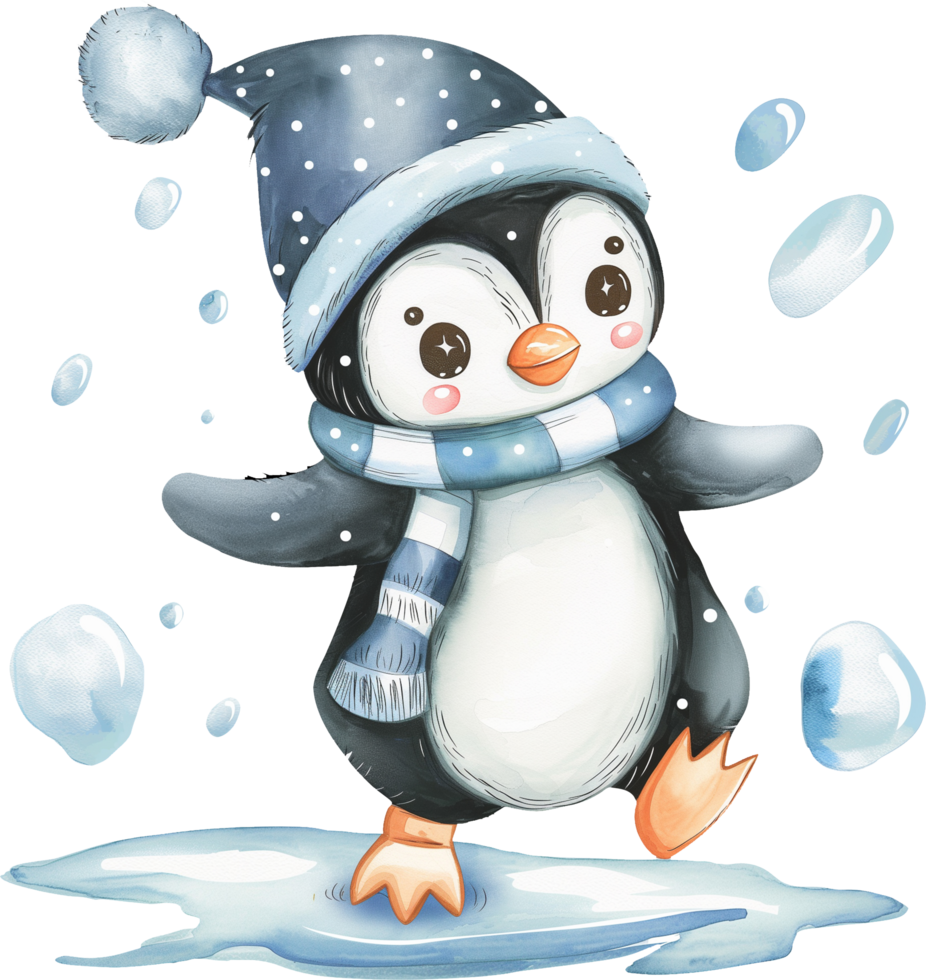 Cute Penguin Sliding Ice watercolor png