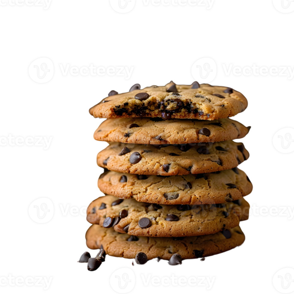 A tempting stack of chocolate chip cookies awaits isolated on transparent background png