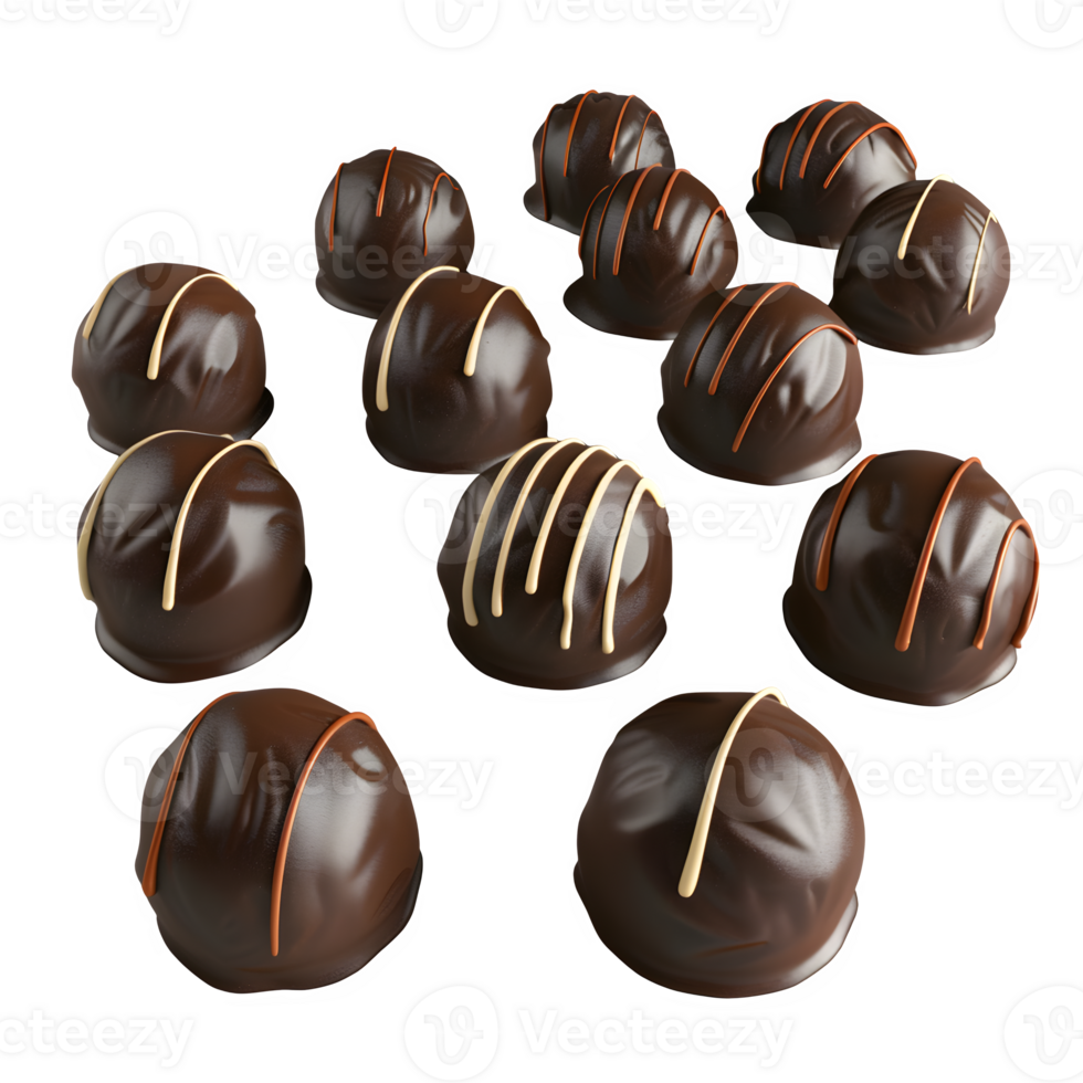 A scattering of delicious chocolate candies in various shapes and colors sits isolated on transparent background png