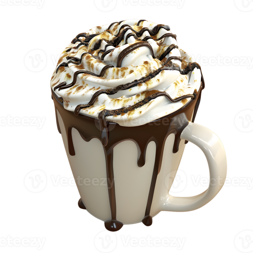Steaming cup of coffee with a swirl of whipped cream and chocolate shavings for a delicious treat isolated on transparent background png