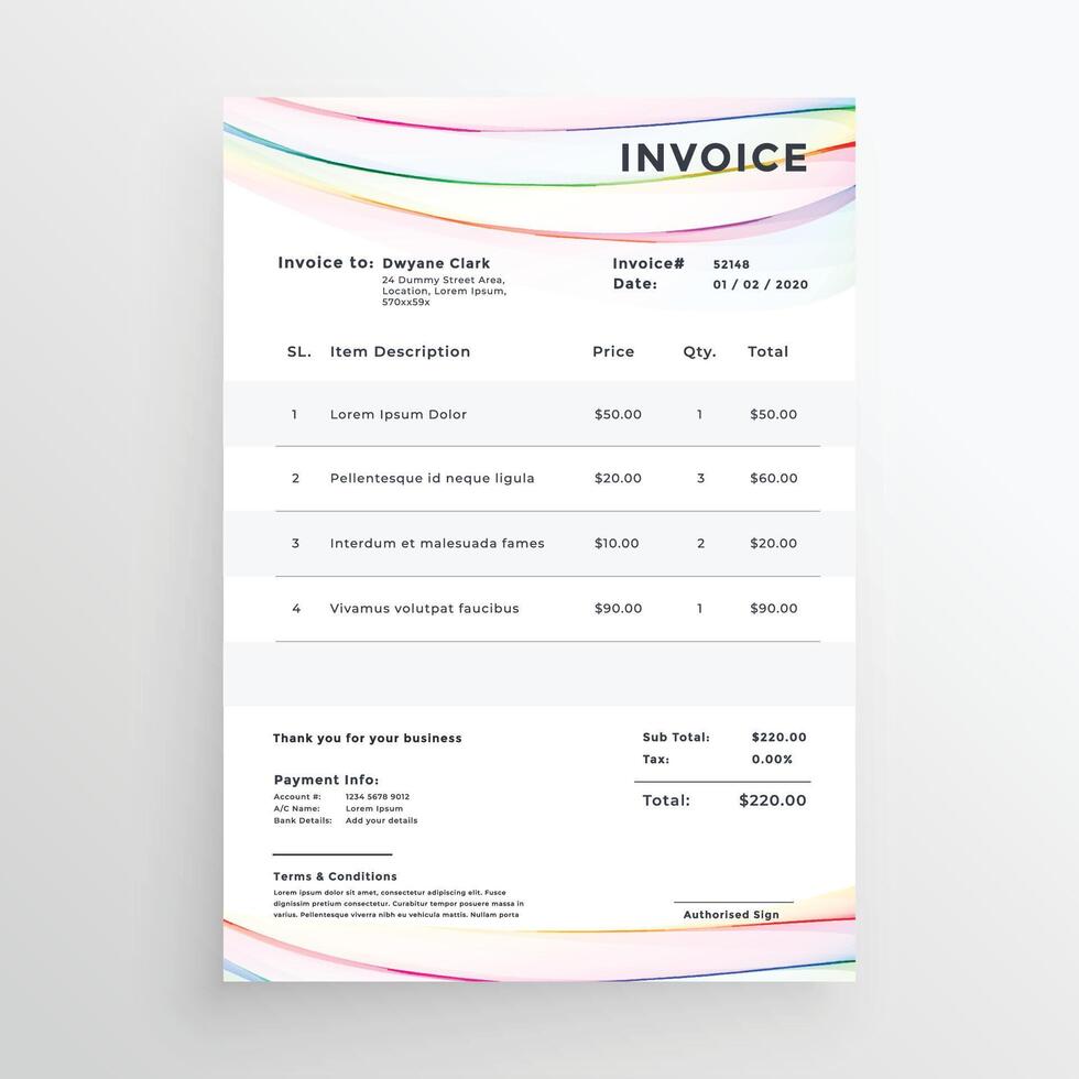 mínimo factura modelo con vistoso ola líneas vector