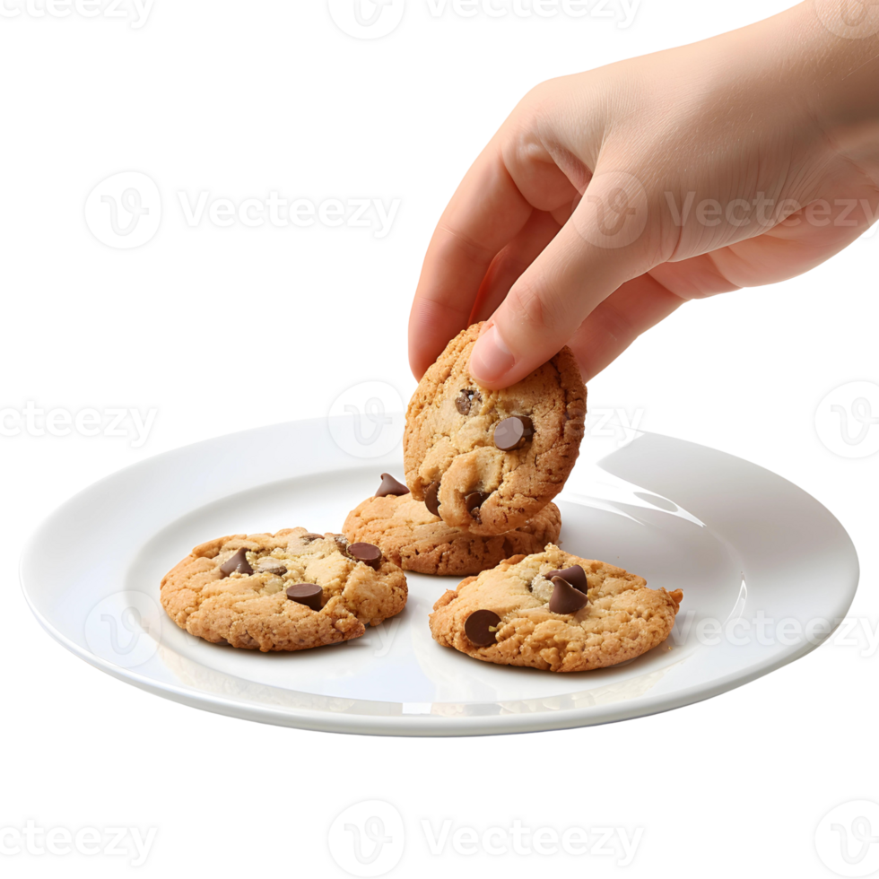 a hand picking up a cookie from a plate png