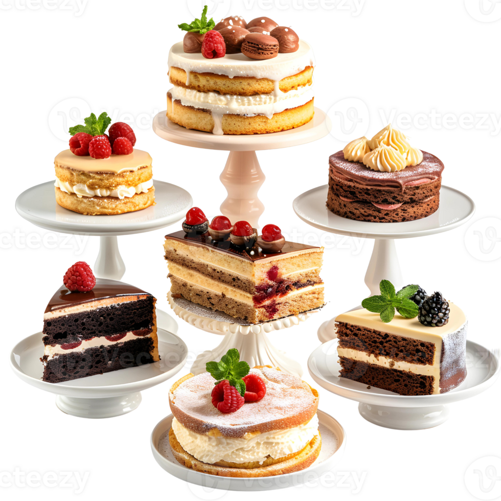 different types of cakes arranged on cake stands png