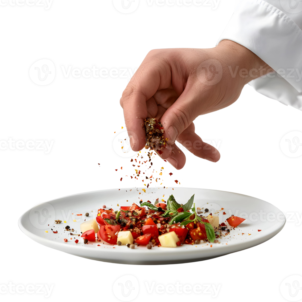 a chef's hand sprinkling seasoning onto a dish png