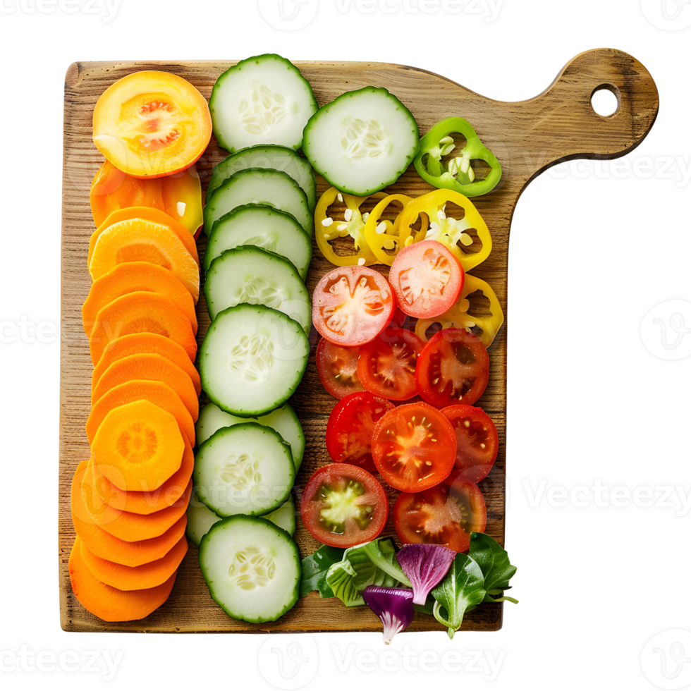 a cutting board with sliced vegetables arranged artistically png