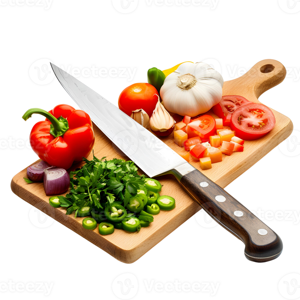 a chef's knife chopping vegetables on a cutting board png