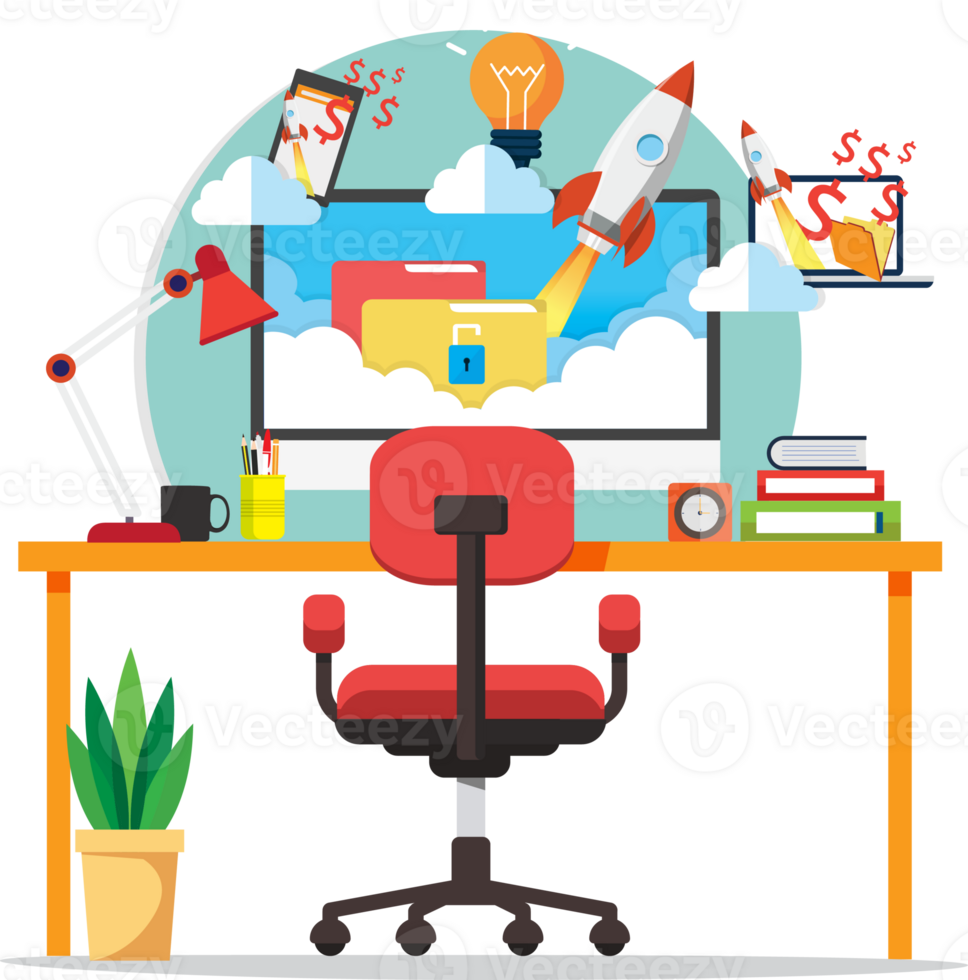 Startup workplace, Business concept with rocket png
