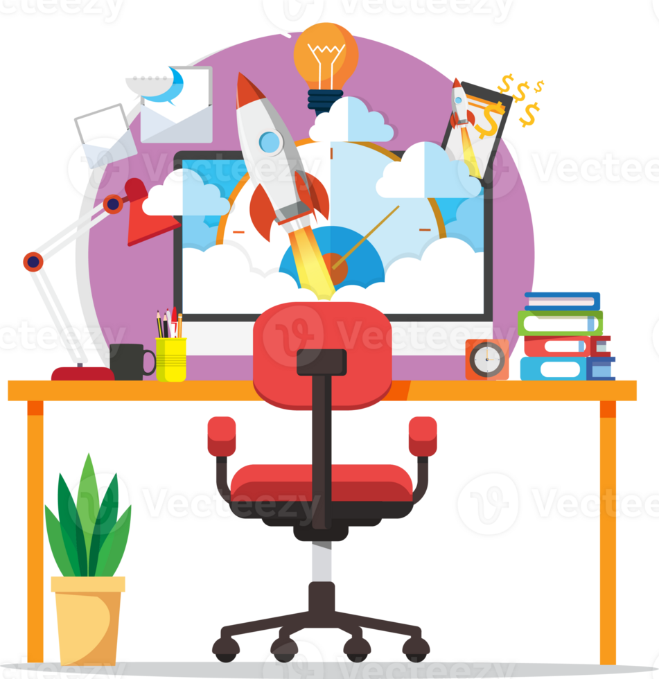 Startup workplace, Business concept with rocket png
