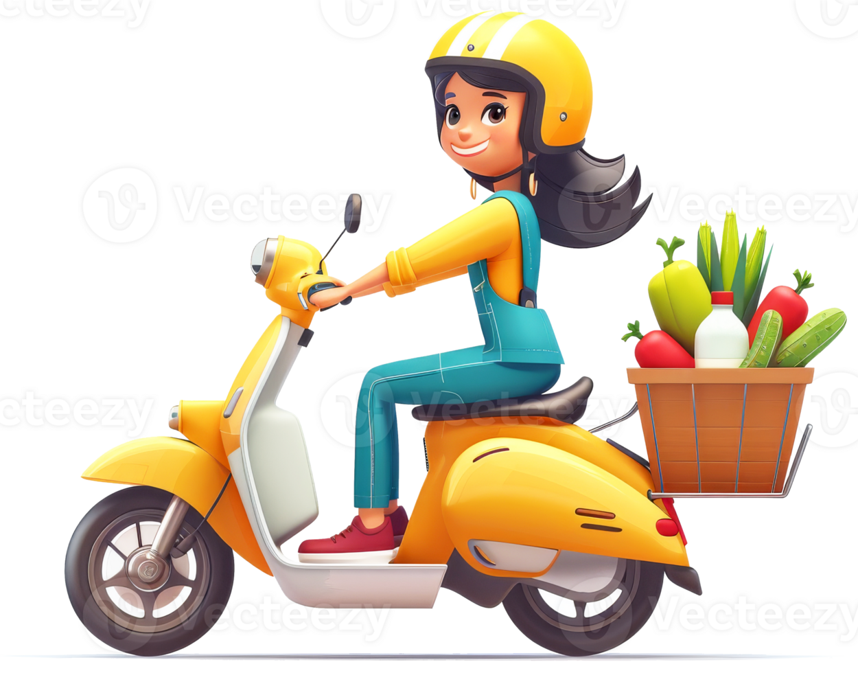 3d geanimeerd vrouw Aan geel scooter met boodschappen doen Tassen png