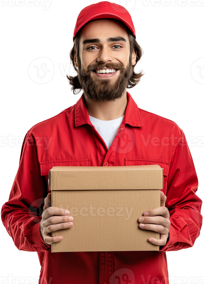 sorridente correio dentro vermelho uniforme segurando uma pacote png