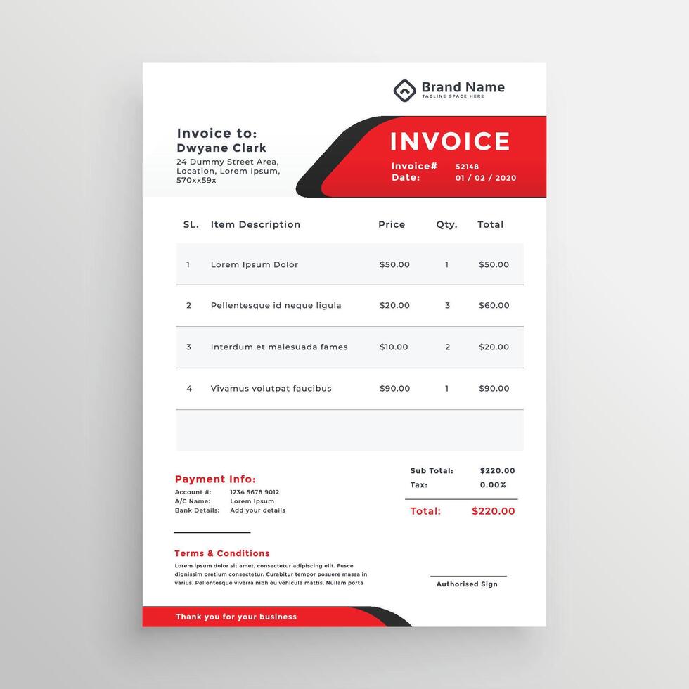 stylish red theme invoice template vector