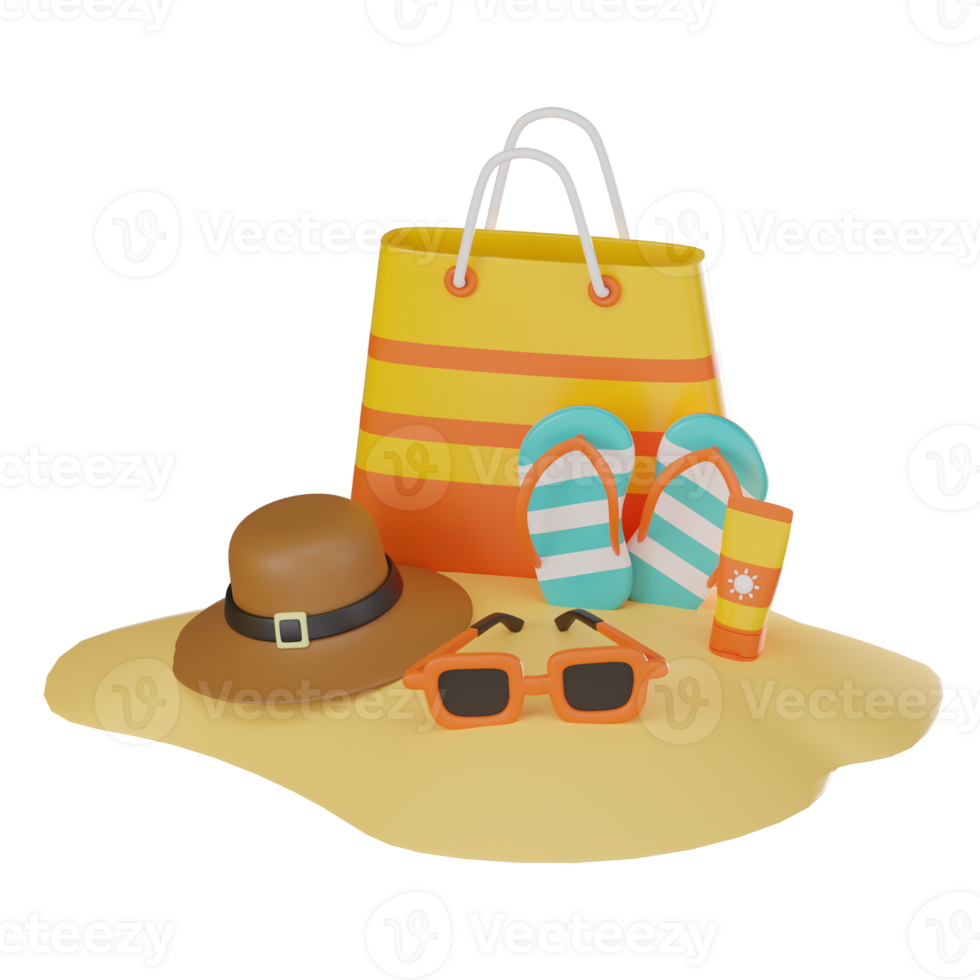 Tropical Getaway Beach Bag, Sunscreen, and Flip Flops - 3D Icon for Summer Vibes. 3D Render png