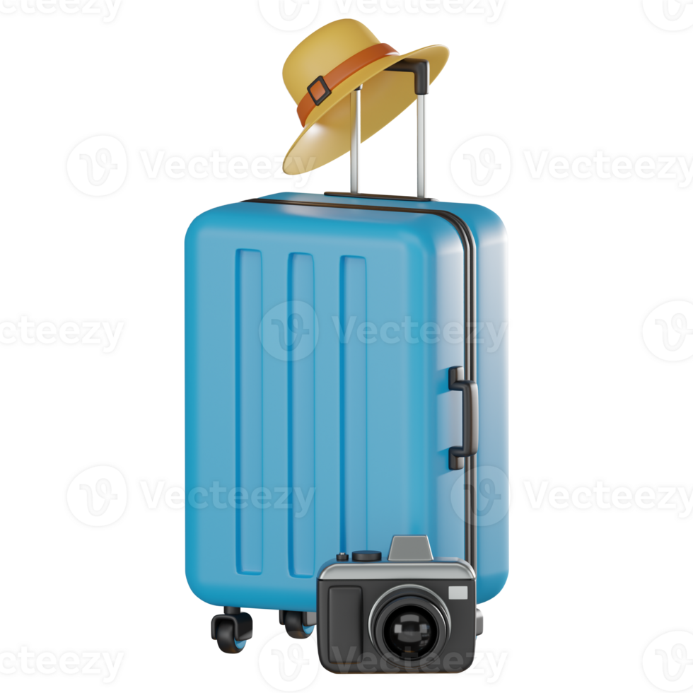 3D Suitcase, Camera, and Straw Hat for Travelers. 3D Render png