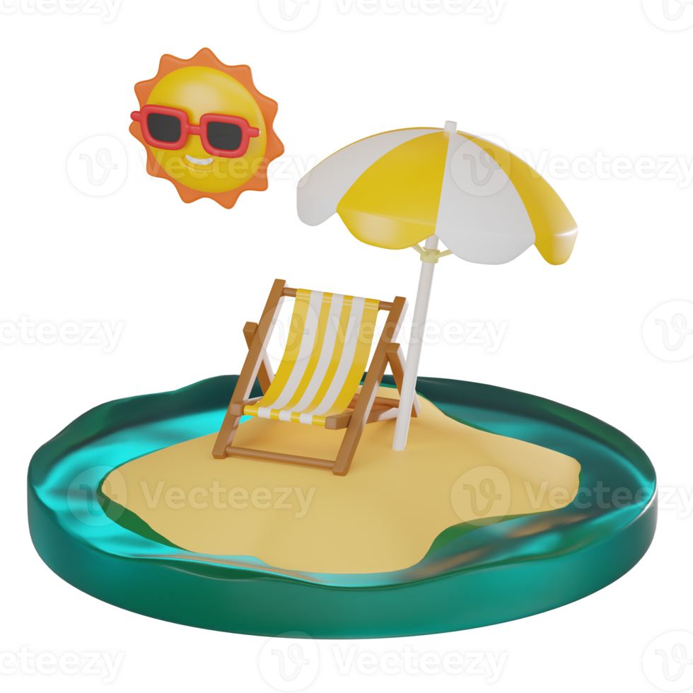 Tropical Escape of Island Beach with Chair, Umbrella, and Sun. 3D Render png