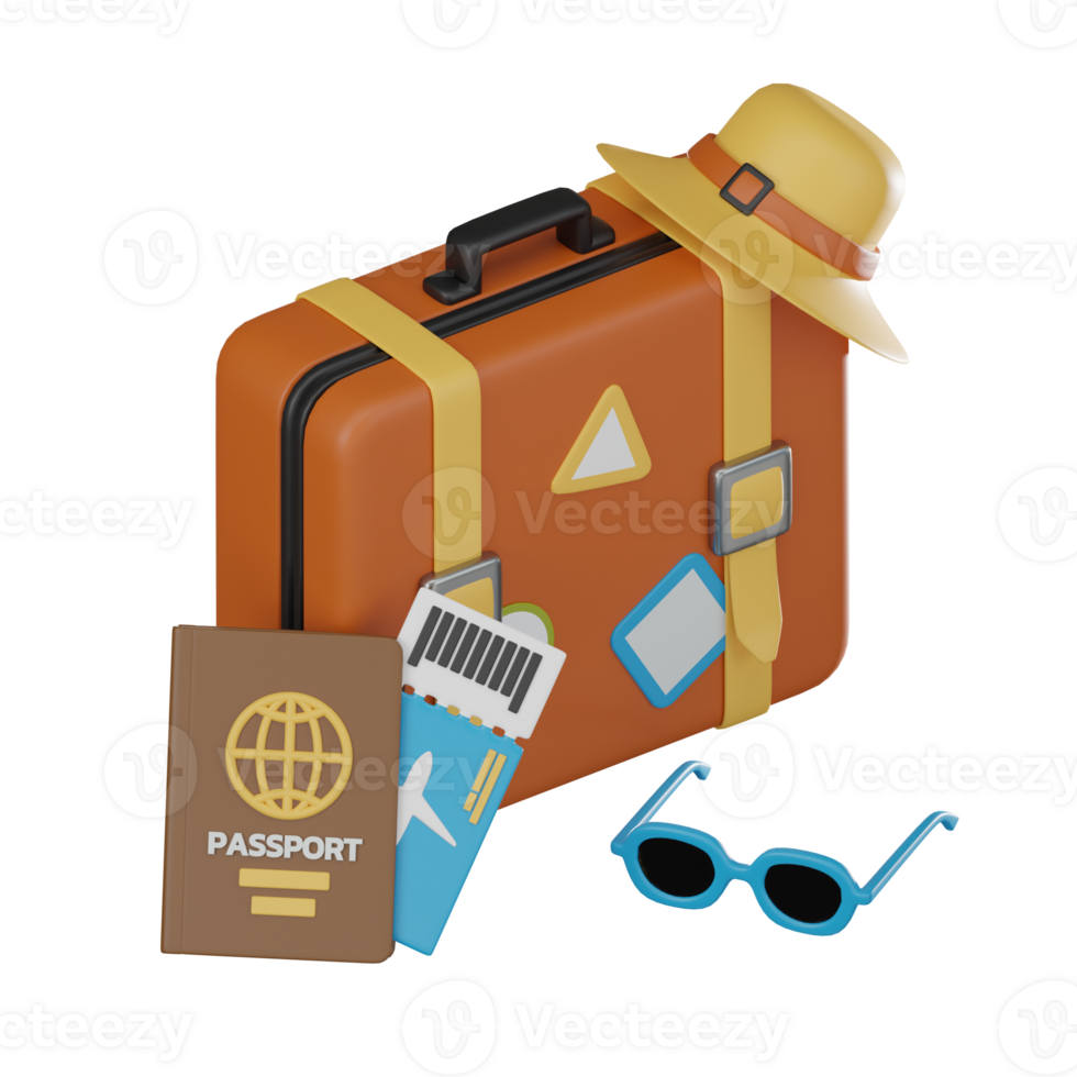 3D Icon Set of Passport, Suitcase, Sunglasses. 3D Render png