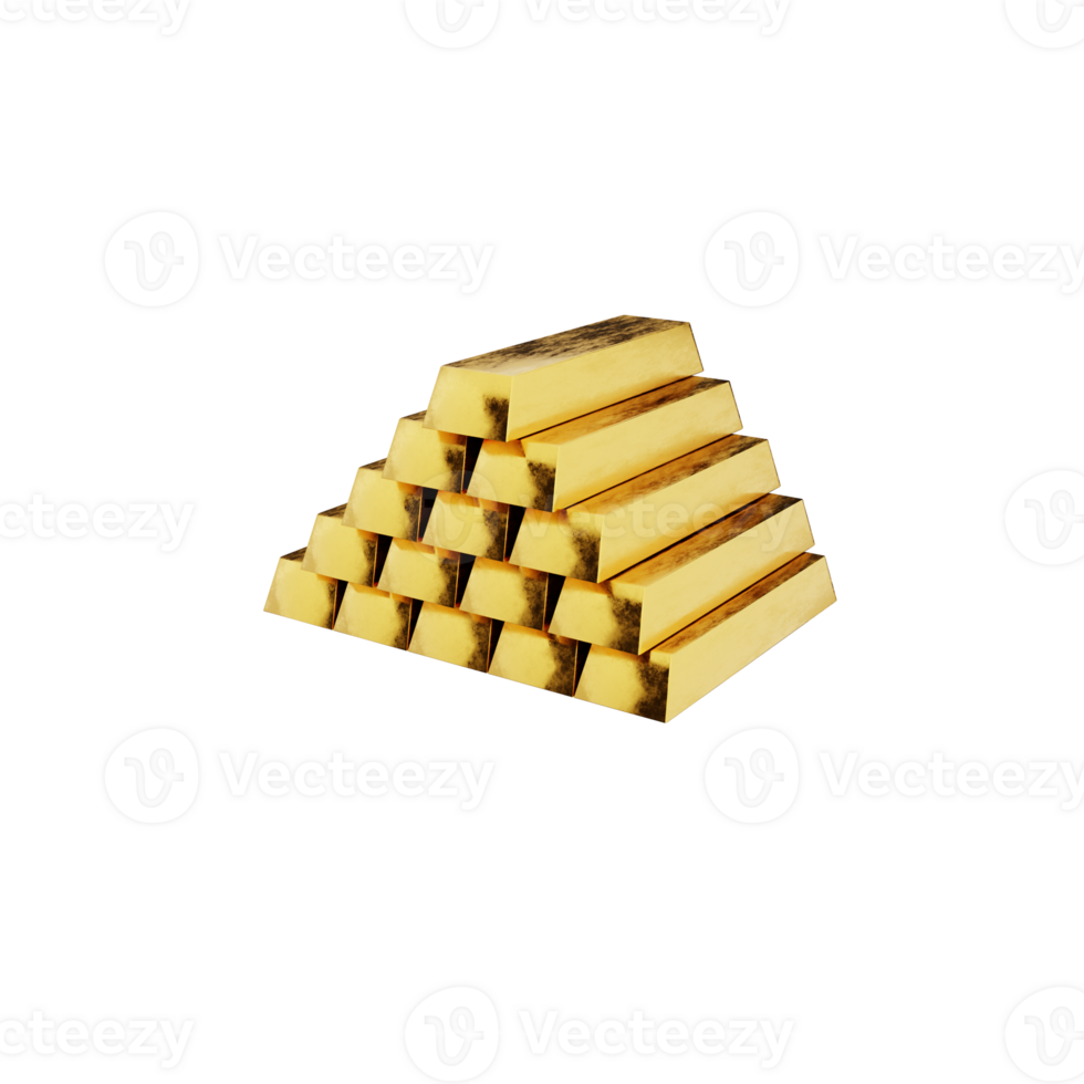 Pile of gold bars on transparent background. 3D rendering. png