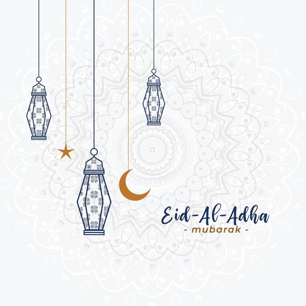 lovely islamic eid al adha greeting with hanging lamps vector