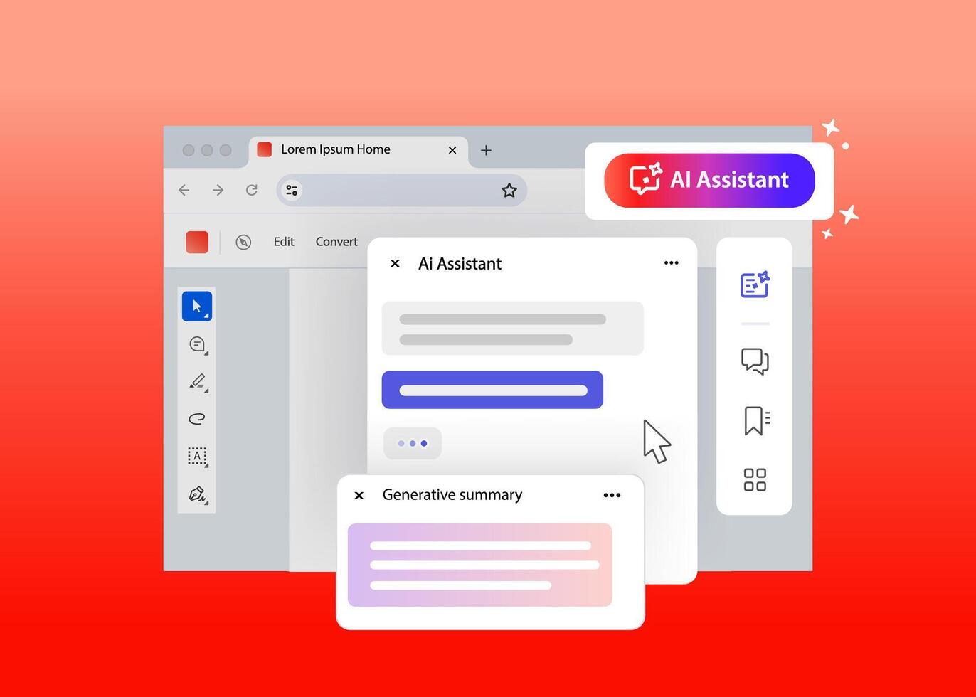 AI Assistant in pdf reader. Generative summary answer from artificial intelligence. Interface of program for portable document Format vector