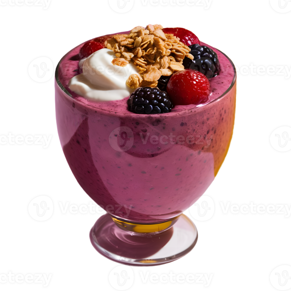 Healthy berry smoothie with granola, yogurt and fresh berries served in a clear single glass on transparent background png