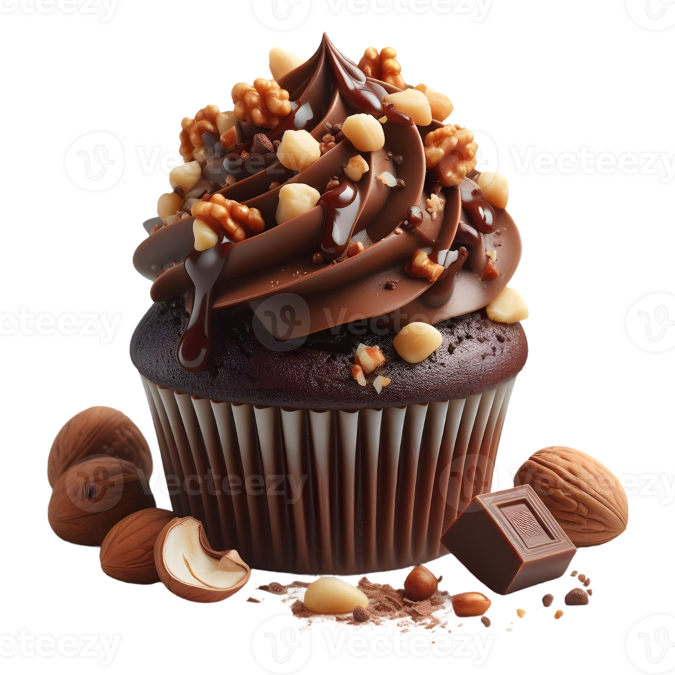 Chocolate cupcake with nuts isolated on transparent background png