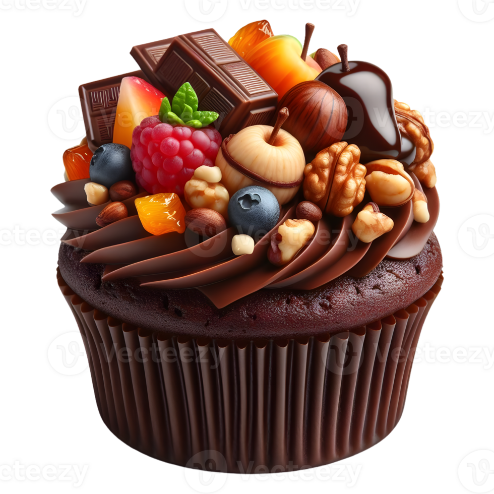 Chocolate cupcake with nuts isolated on transparent background png