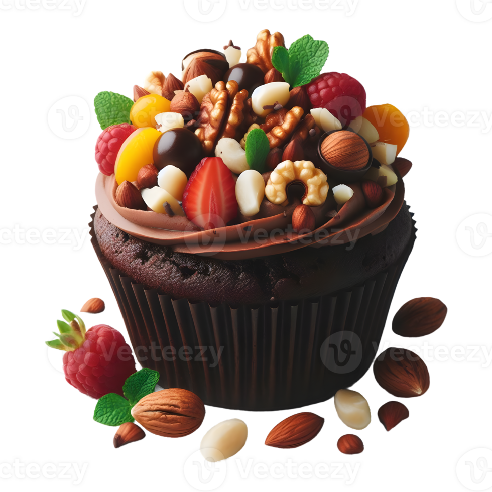 Chocolate cupcake with nuts isolated on transparent background png