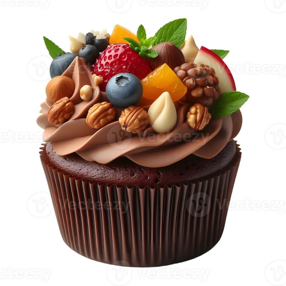 Chocolate cupcake with nuts isolated on transparent background png