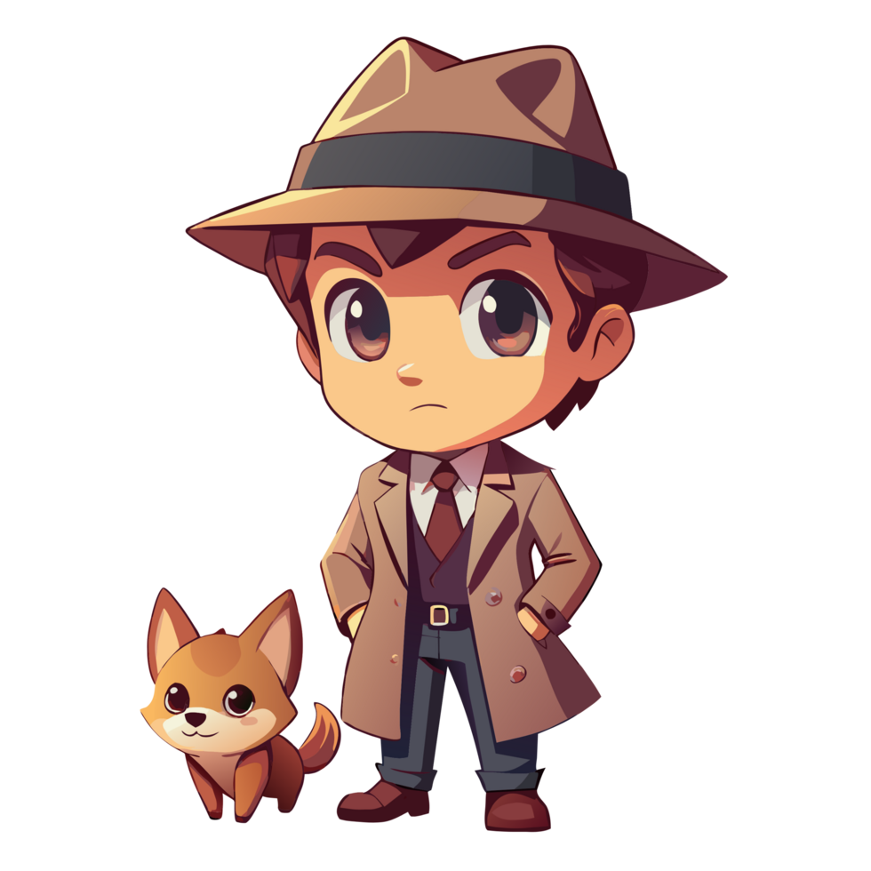 chibi detetive personagem com cachorro plano Projeto png