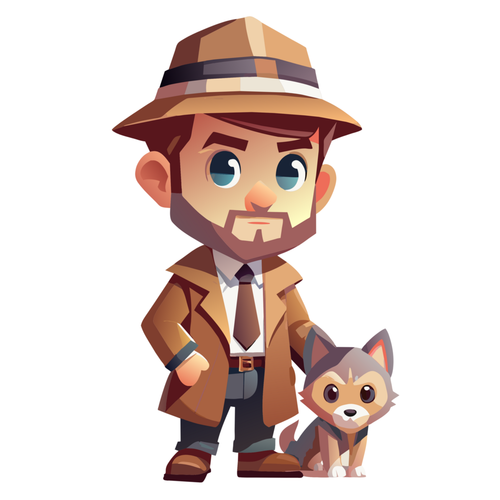 Chibi Detective Character with Dog Flat Design png