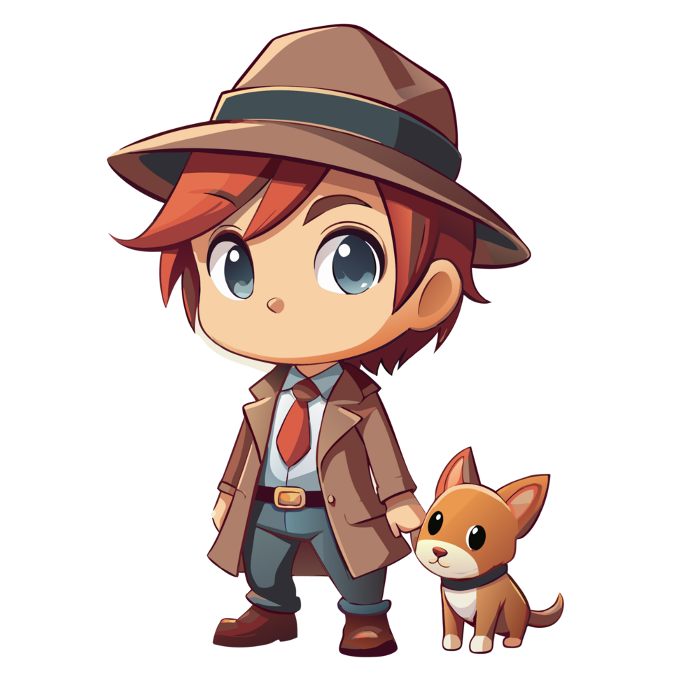 Chibi Detective Character with Dog Flat Design png