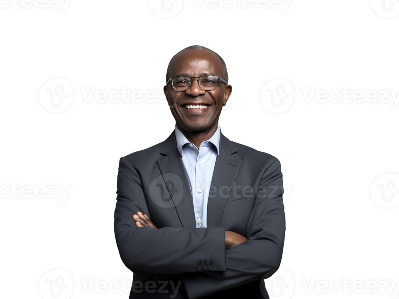 Smiling rich african businessman in a suit and tie with arms crossed transparent background, high quality portrait png