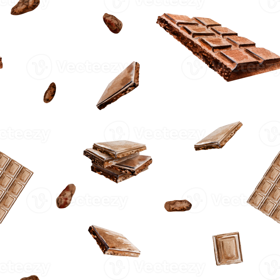 Seamless pattern with watercolor illustration of chocolate,cocoa ingredients.Chocolate pieces,hand drawn. png
