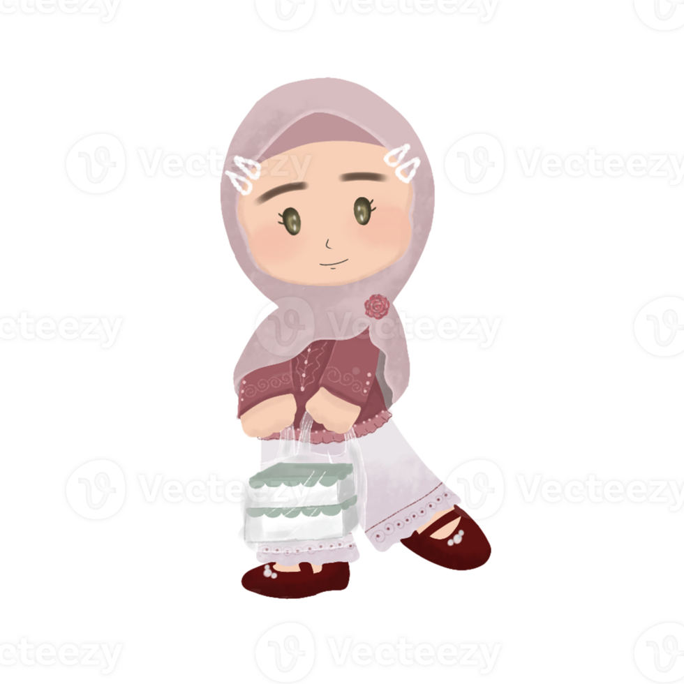 cute muslim character activity celebrating Eid al-Fitr with isolated background. character design illustration cute boy and girl kid muslim. png