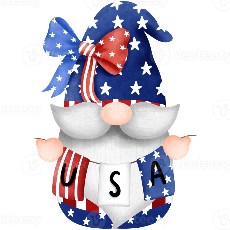 patriotisk gnome ClipArt, hand dragen vattenfärg 4:e av juli illustration, oberoende dag dekoration. png