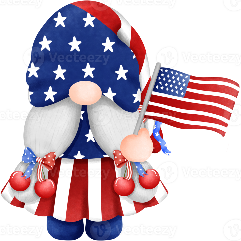 Patriotic gnome clipart, Hand drawn watercolor 4th of july illustration, Independence day decoration. png